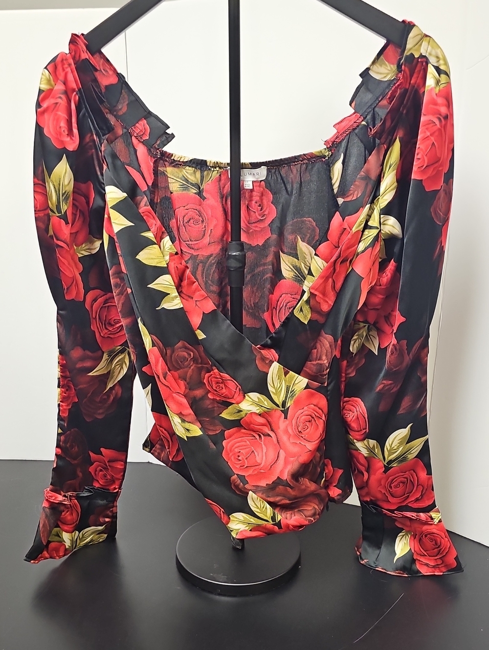 Lulumari Black Satin Blouse with Red Rose Print and Green Leaves